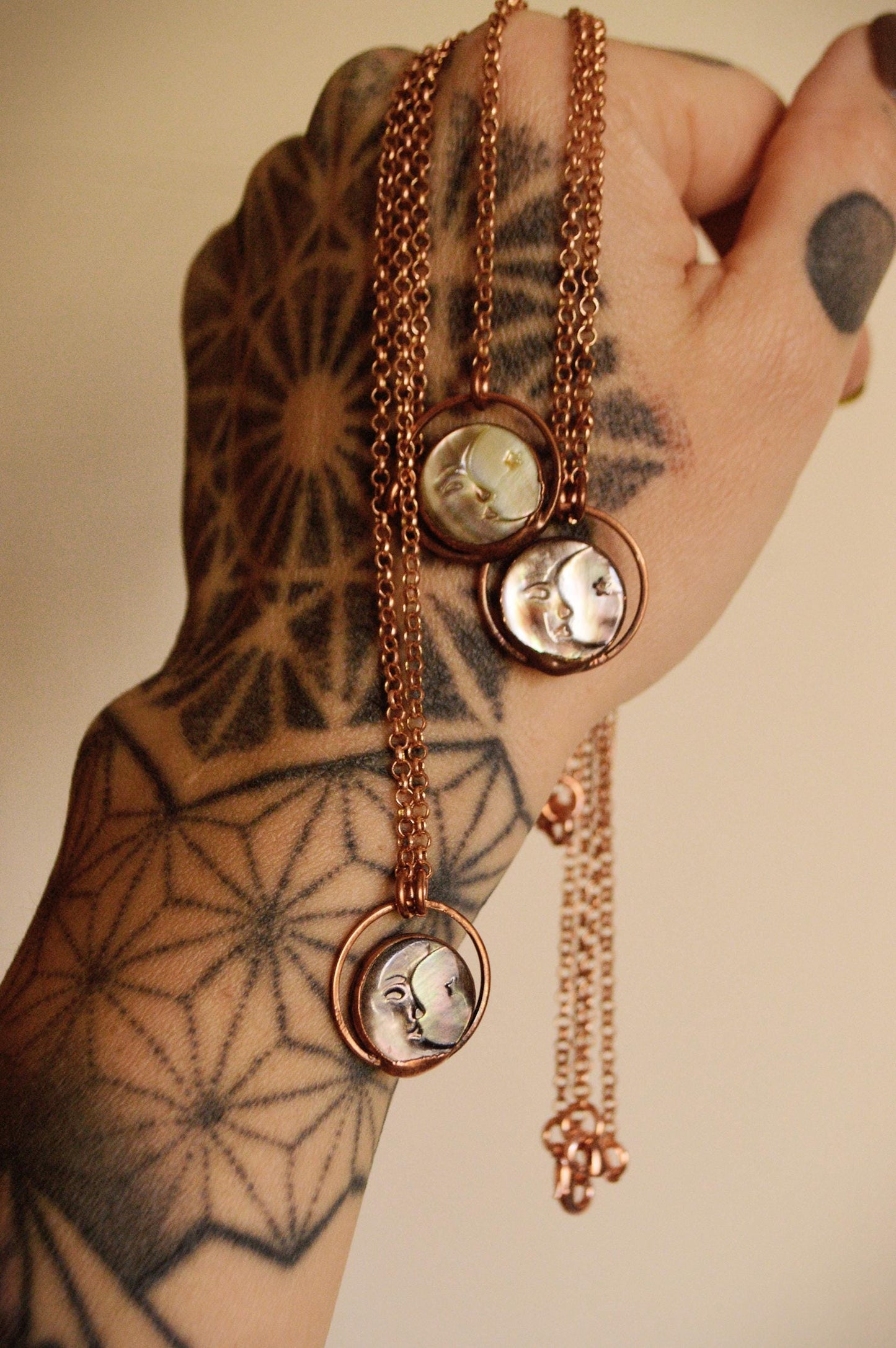 Moon and star carved shell pendant. Lucky charm, coin necklace