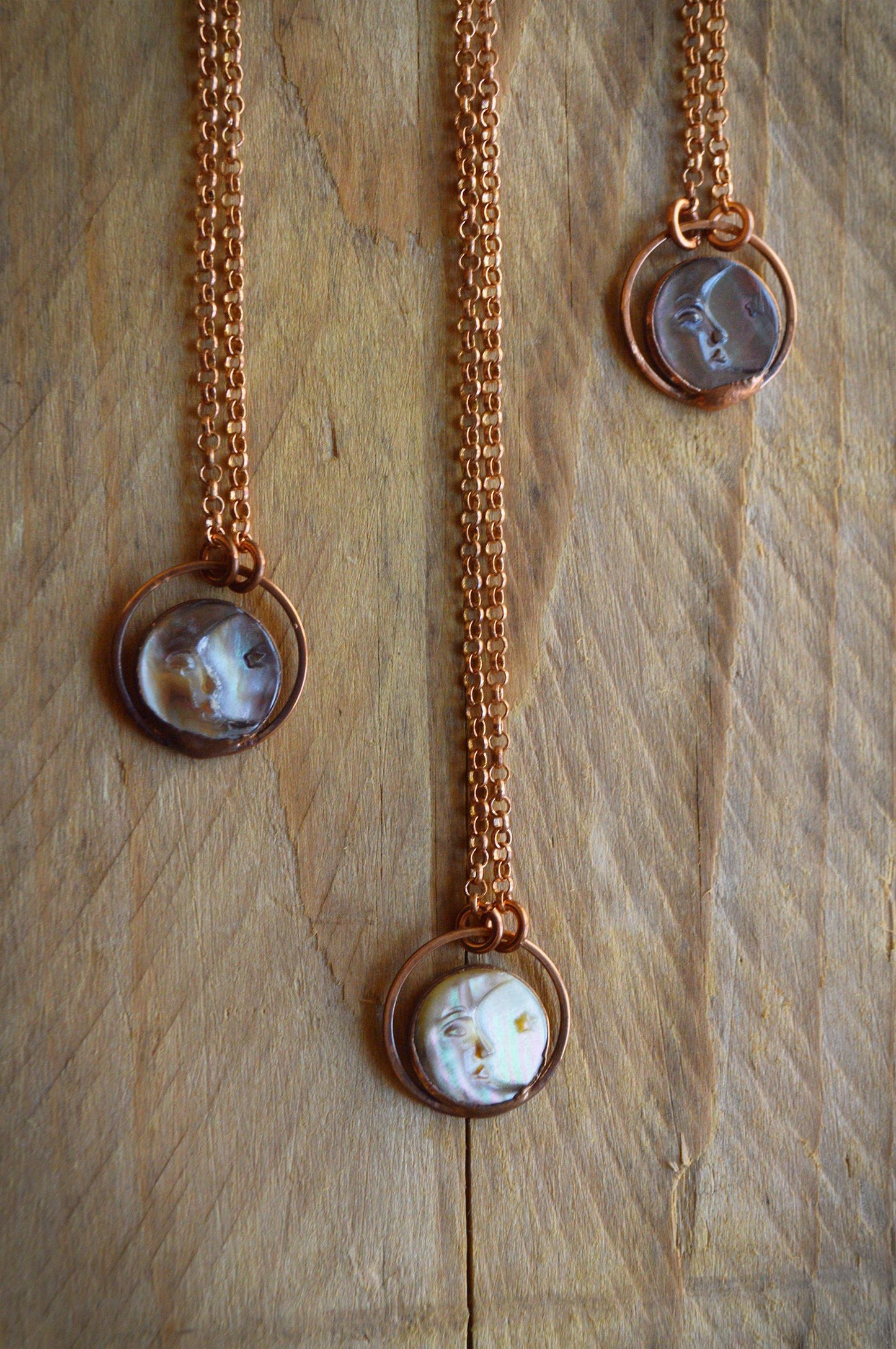 Moon and star carved shell pendant. Lucky charm, coin necklace
