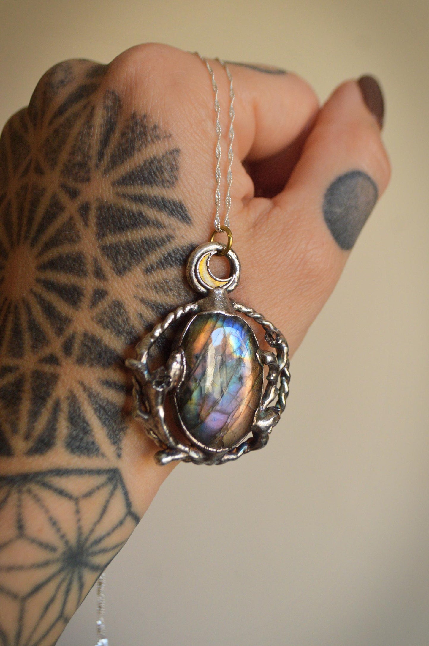 Enchanded forest pendant with rainbow labradorite and herkimer diamonds