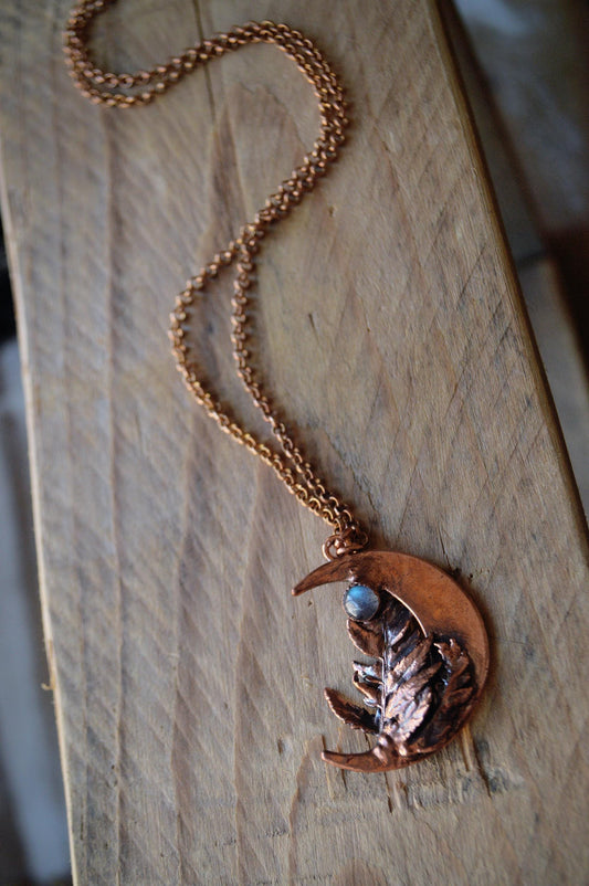 Real fern leaf necklace with raw quartz and moonstone, dreamy jewellery