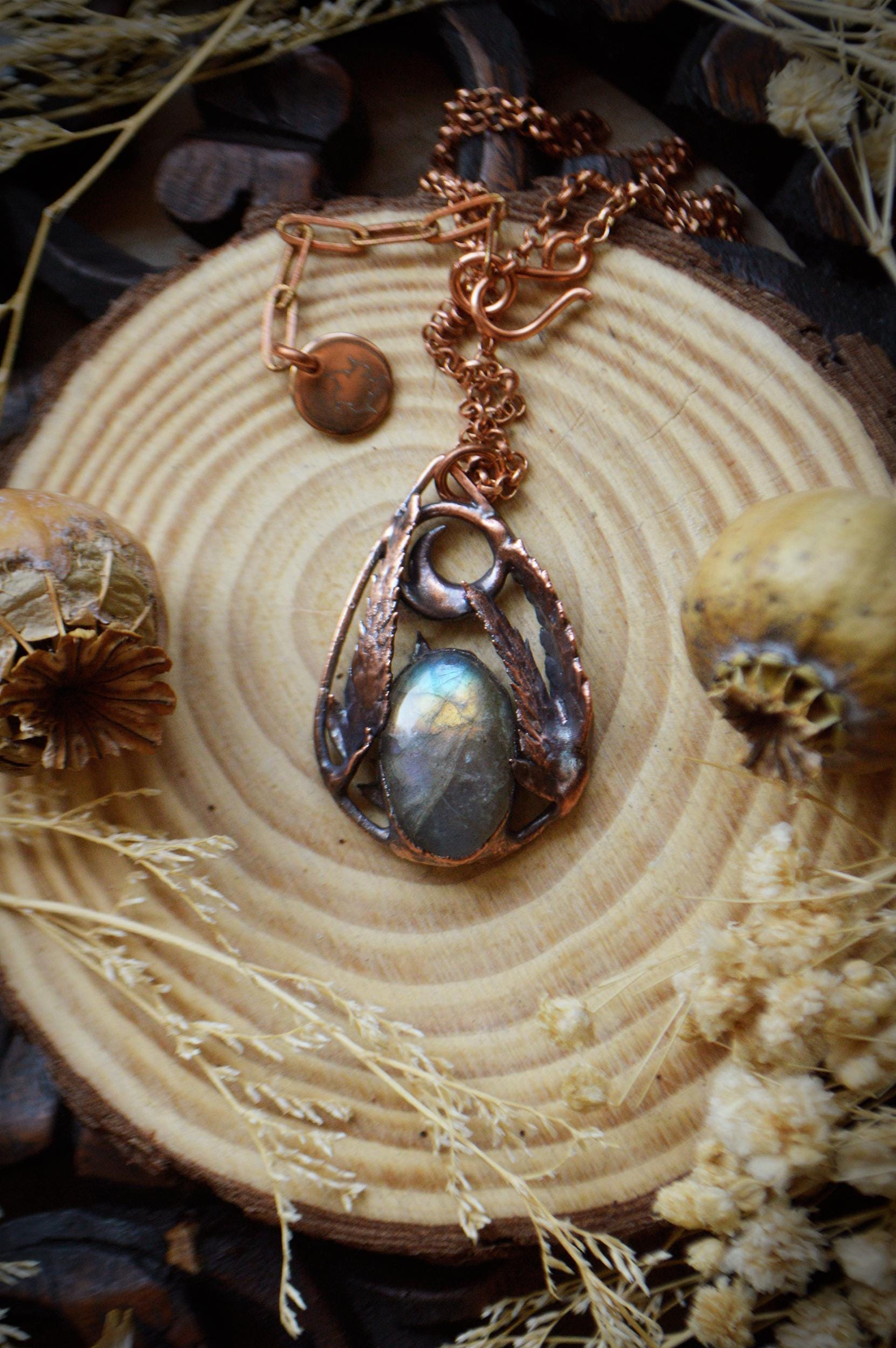 Drop pendant with real fern leaves, necklace with labradorite, dreamy jewellery