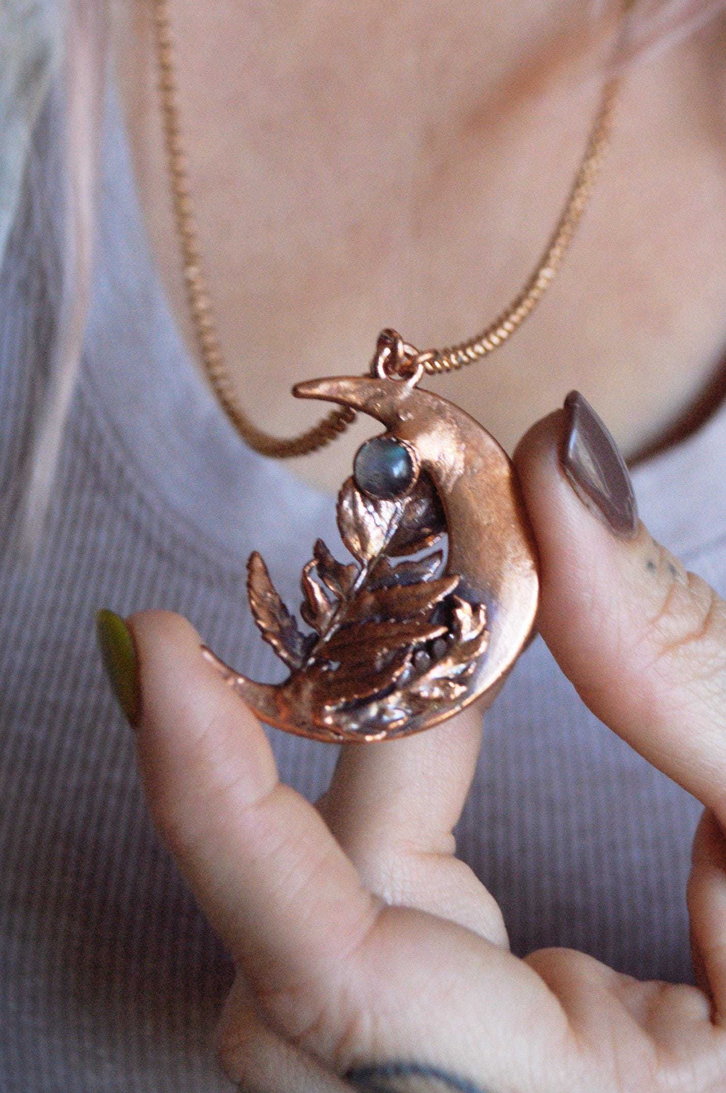 Real fern leaf necklace with raw quartz and moonstone, dreamy jewellery