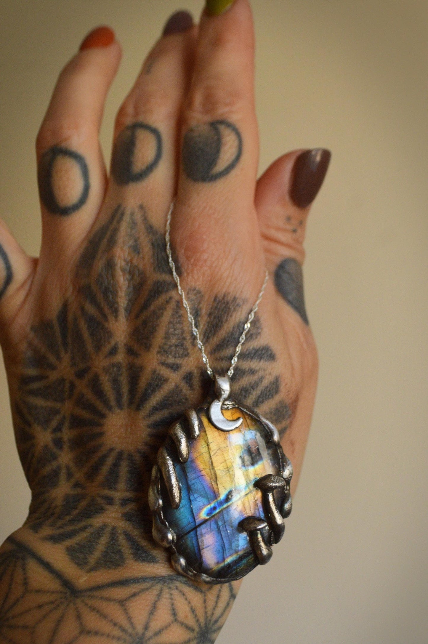 Whimsical silver pendant with rainbow labradorite, enchanted woodland mushroom necklace