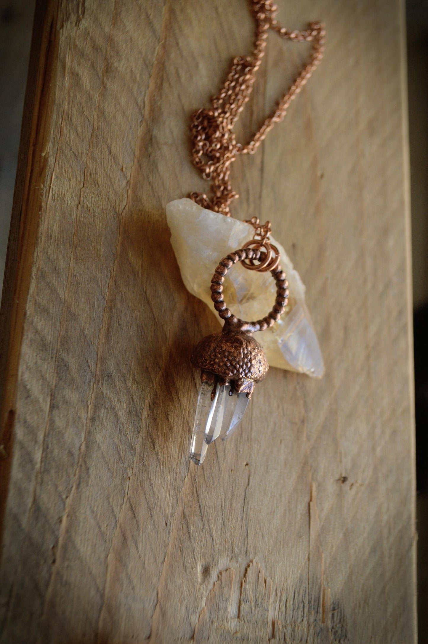 Real acorn necklace with quartz points. Electroformed botanical jewellery