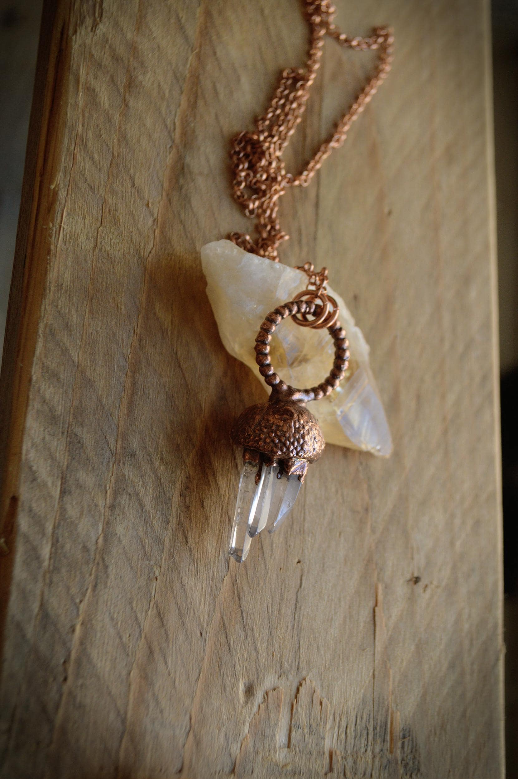 Real acorn necklace with quartz points. Electroformed botanical jewellery