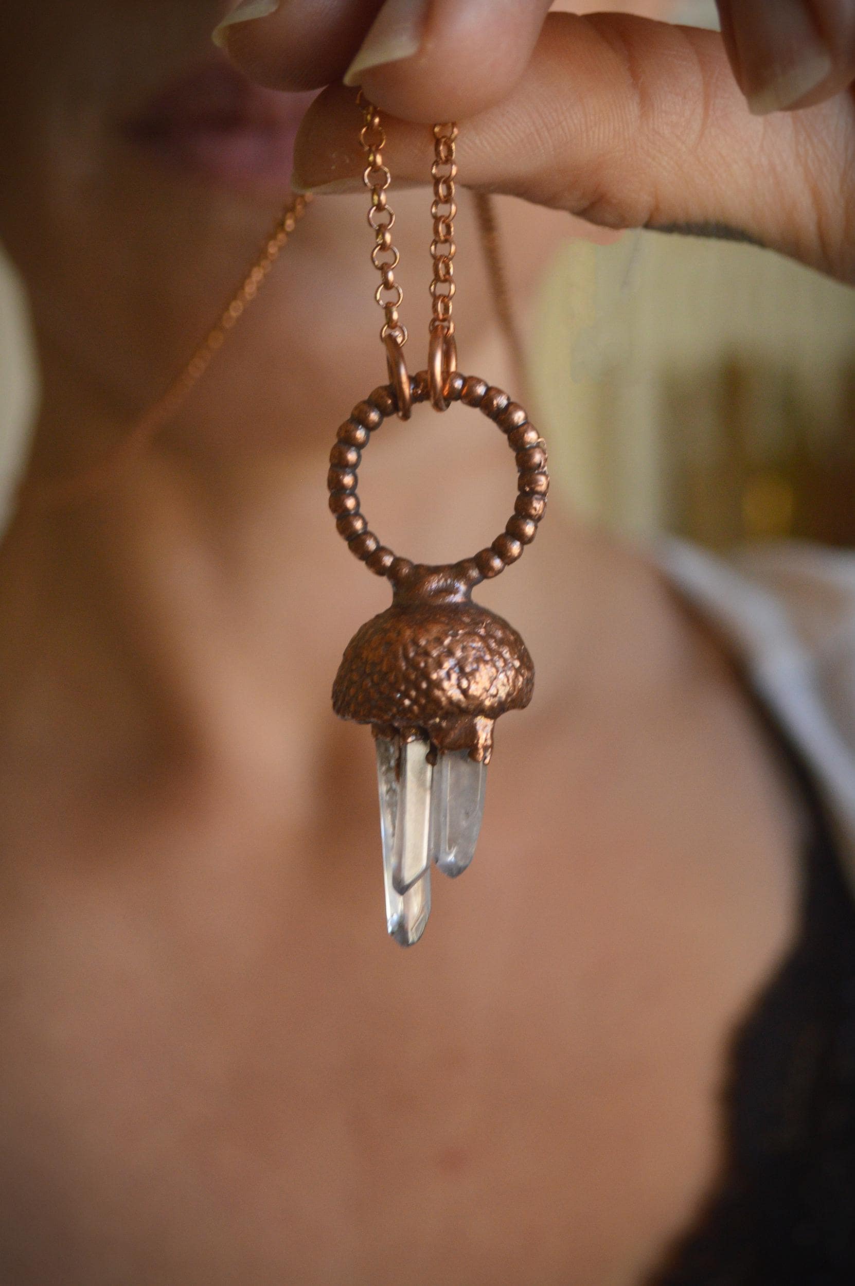 Real acorn necklace with quartz points. Electroformed botanical jewellery