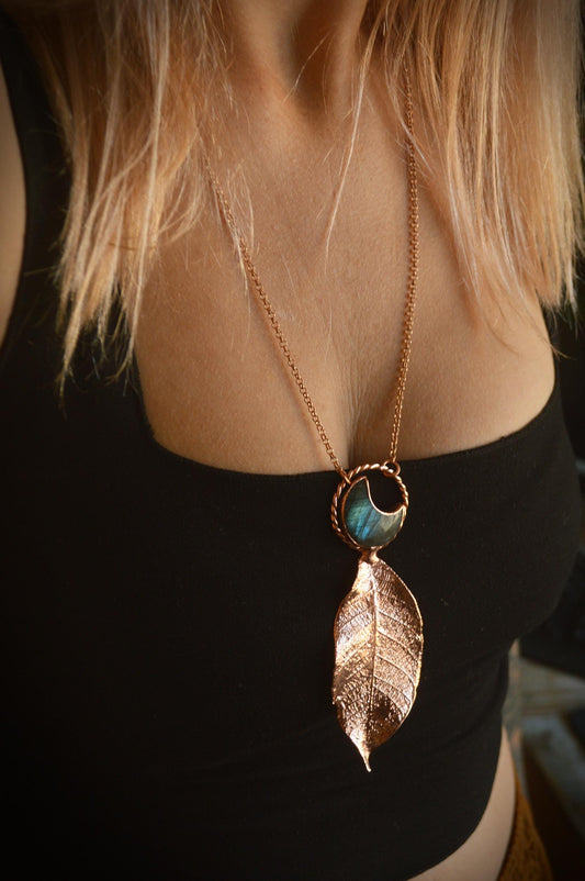 Skeleton leaf formed in copper pendant with blue labradorite moon, Christmas gift for her