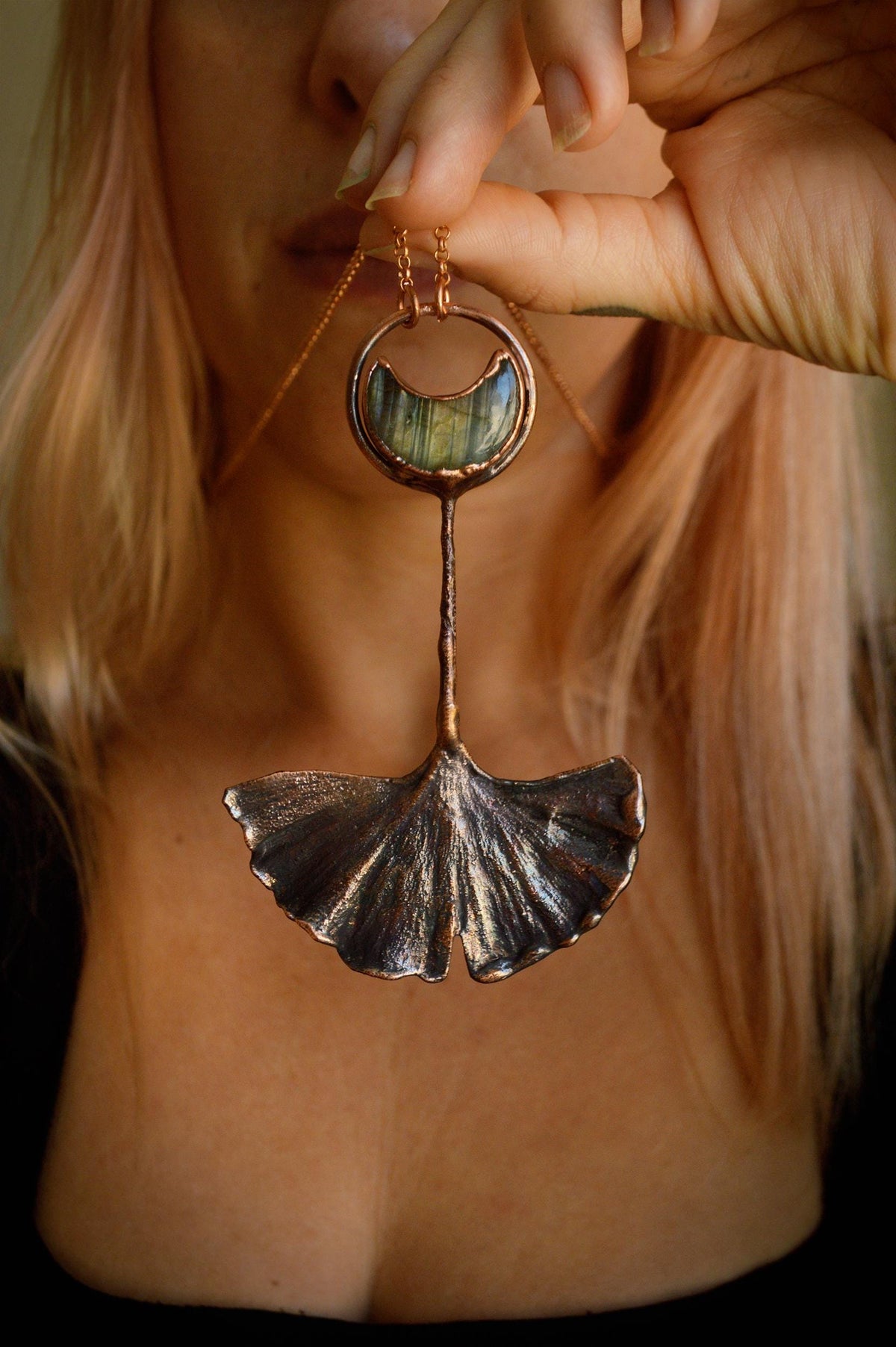 Labradorite Gingko leaf necklace, dreamy pendant with yellow labradorite crescent moon