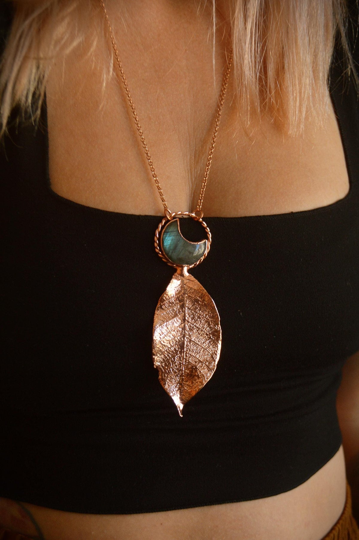Skeleton leaf formed in copper pendant with blue labradorite moon, Christmas gift for her
