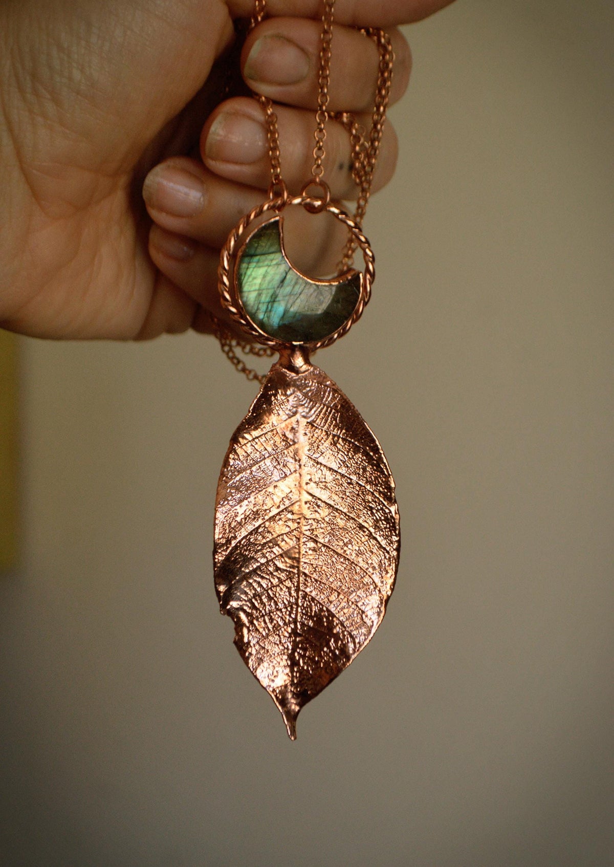 Skeleton leaf formed in copper pendant with blue labradorite moon, Christmas gift for her