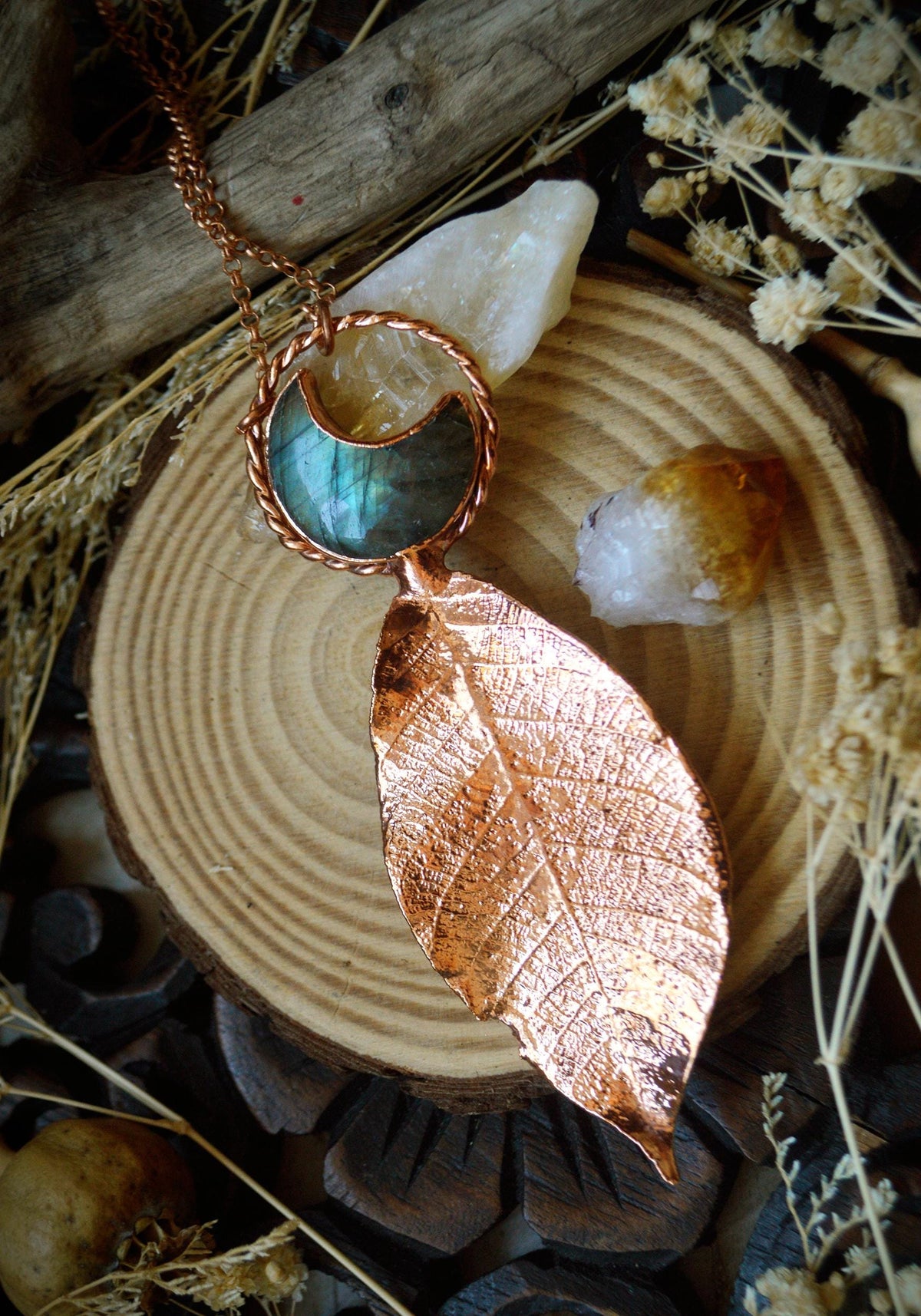 Skeleton leaf formed in copper pendant with blue labradorite moon, Christmas gift for her