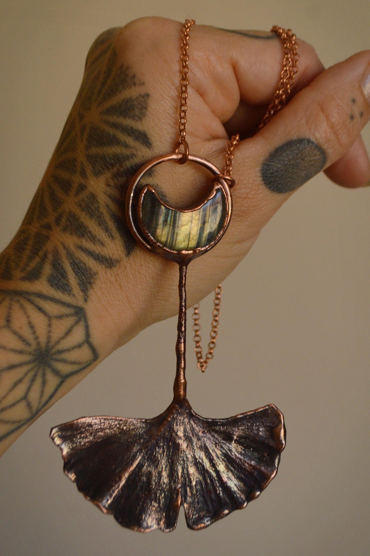 Labradorite Gingko leaf necklace, dreamy pendant with yellow labradorite crescent moon