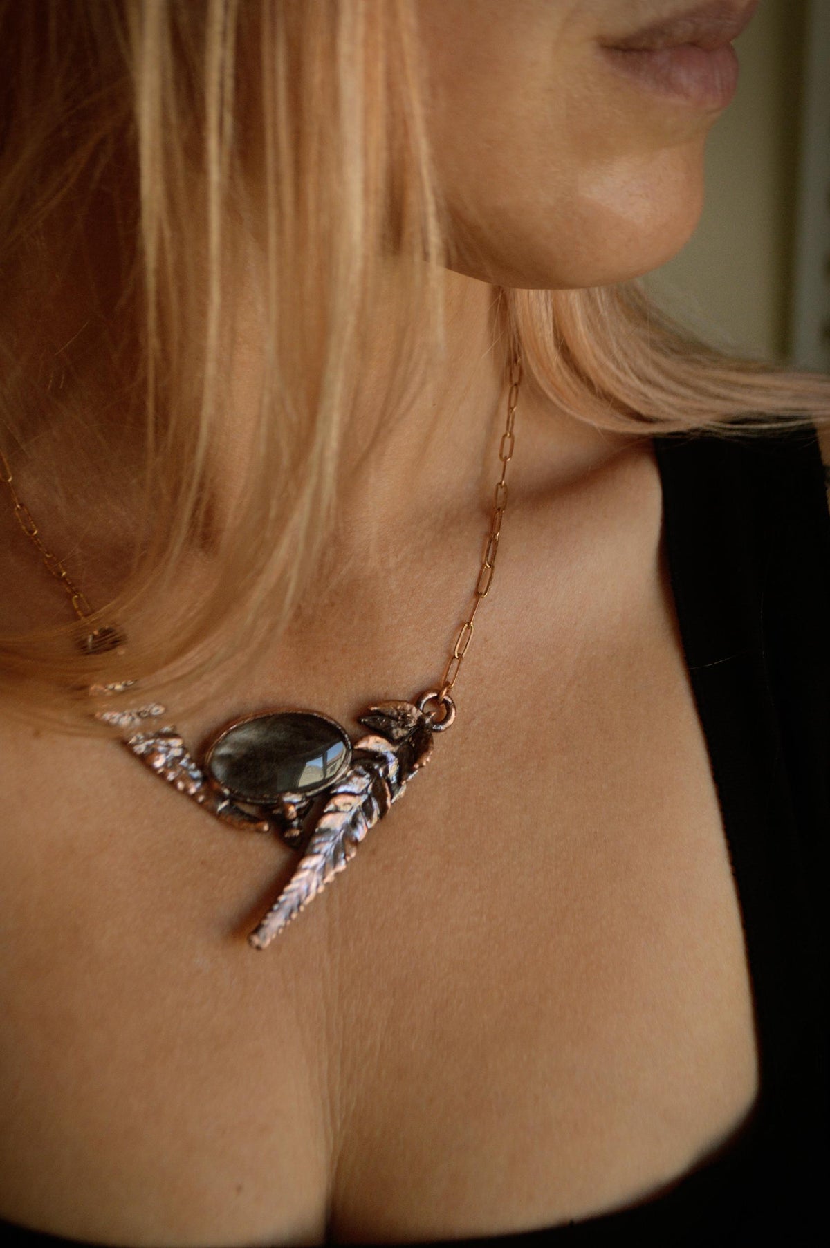 Fern necklace with silver obsidian and herkimer diamonds. Boho botanical necklace