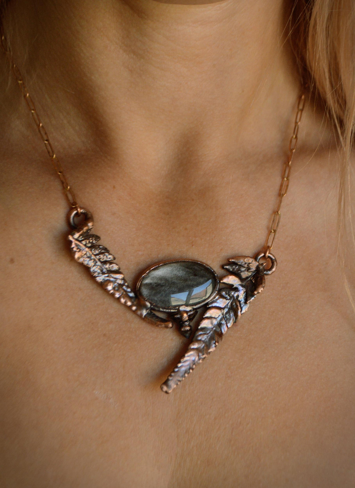 Fern necklace with silver obsidian and herkimer diamonds. Boho botanical necklace