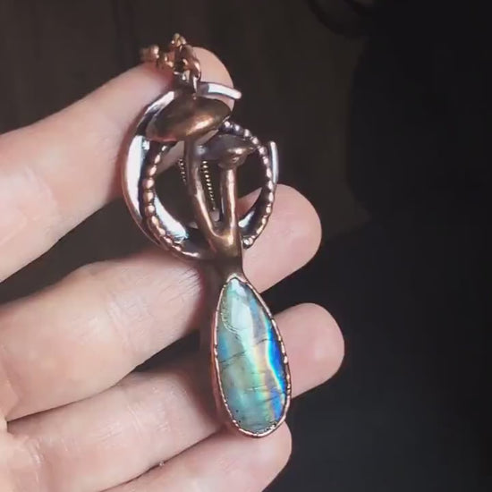 Unique piece, mushroom and moon necklace with rainbow labradorite. Cottage core whimsy jewelry