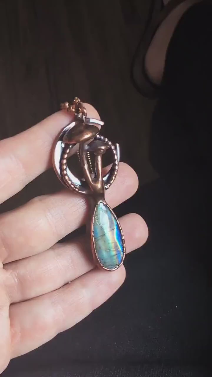 Unique piece, mushroom and moon necklace with rainbow labradorite. Cottage core whimsy jewelry