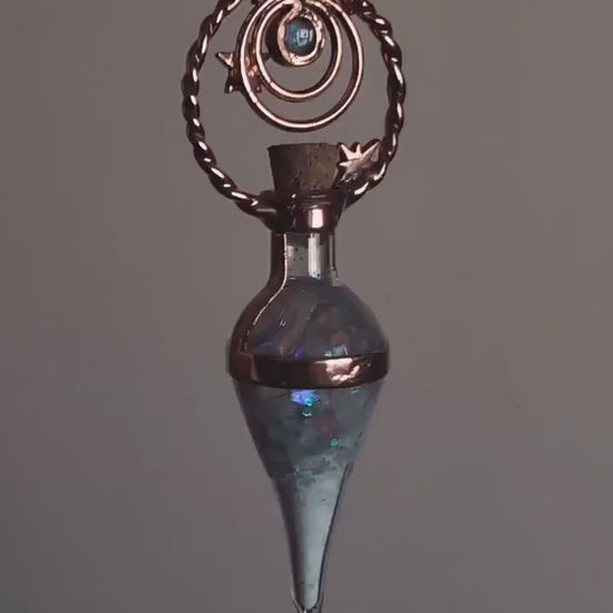 Glow in the dark, fairy dust vial necklace. Copper witchy pendant