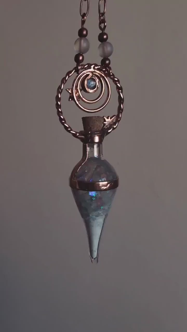 Glow in the dark, fairy dust vial necklace. Copper witchy pendant