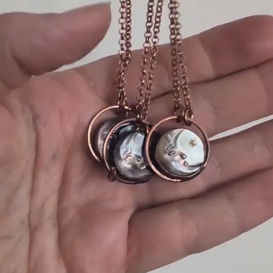 Moon and star carved shell pendant. Lucky charm, coin necklace