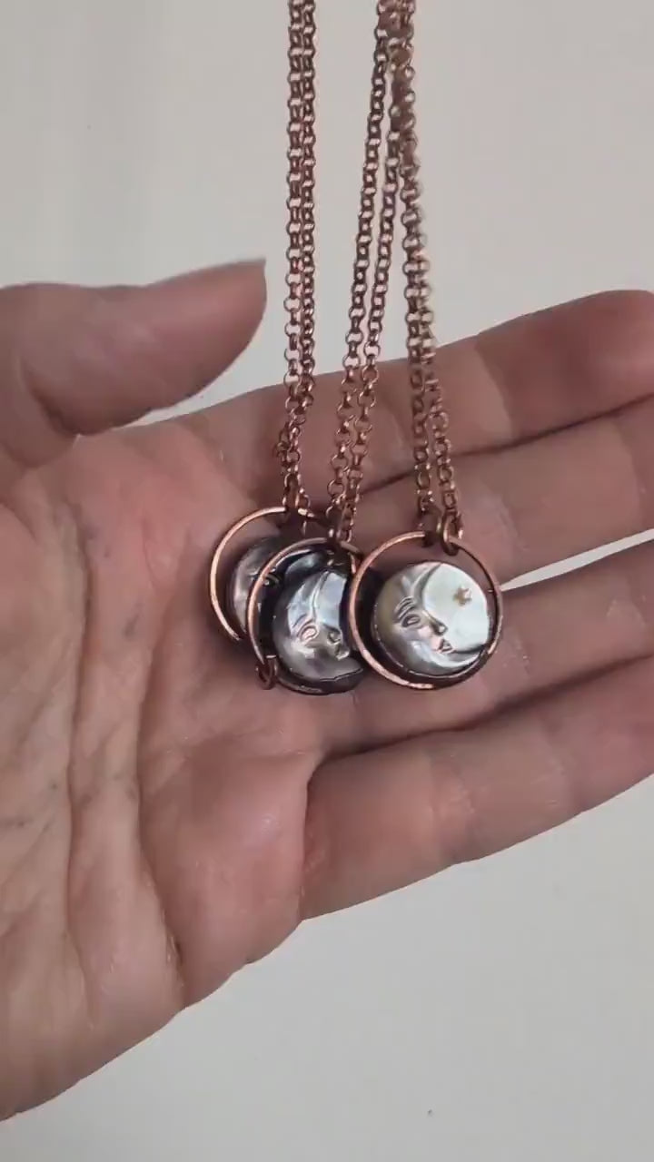 Moon and star carved shell pendant. Lucky charm, coin necklace