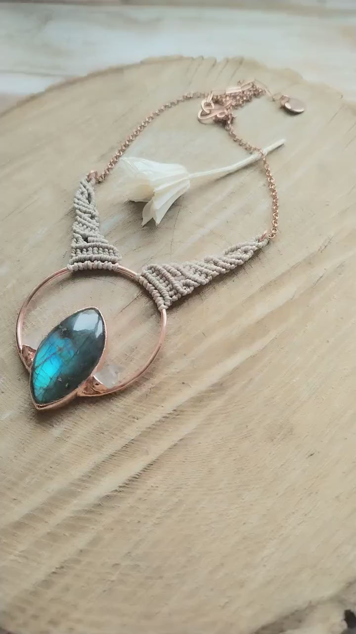 Copper pendant with aqua labradorite and raw quartz, macrame necklace
