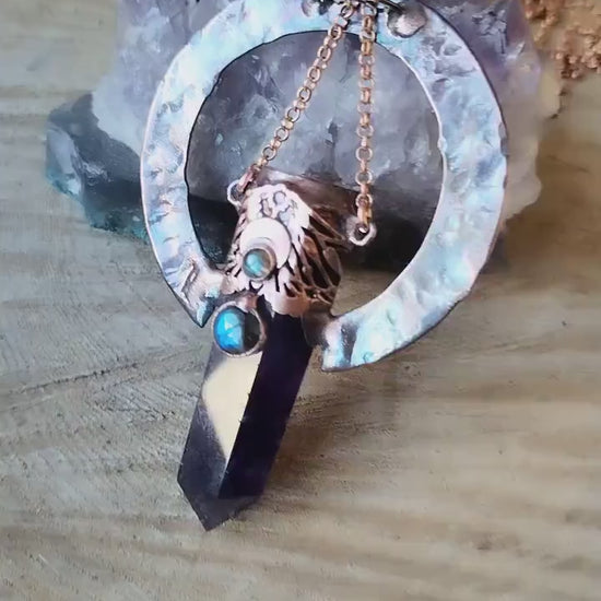 DUALITY amulet collection - RISE - Amethyst point  with labradorite and abalone, statement pendant