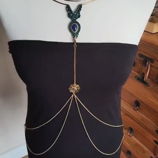 Macramé brass collar with removable body chain, lapislazuli necklace. Body harness style