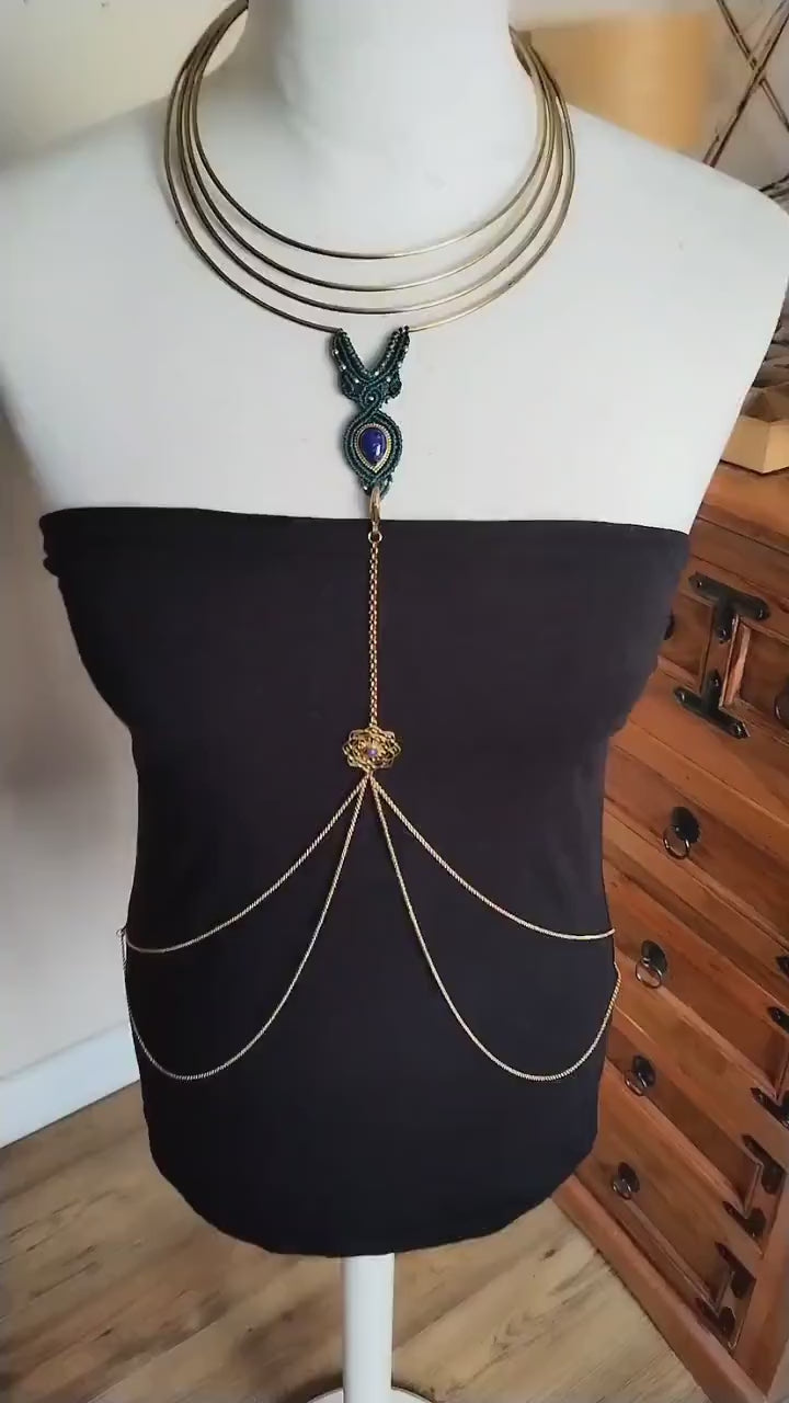 Macramé brass collar with removable body chain, lapislazuli necklace. Body harness style