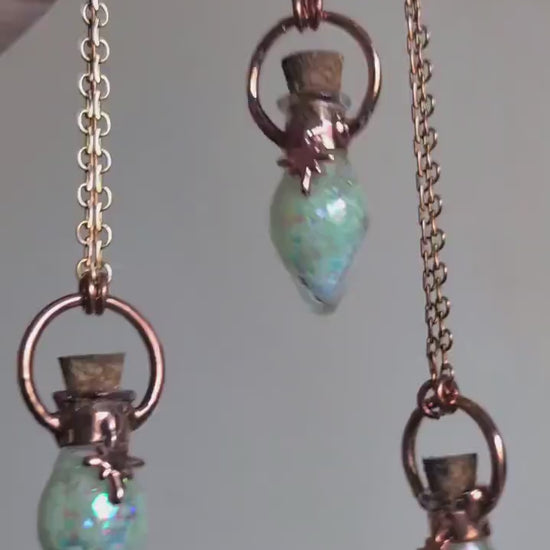 Magic potion vial, glow in the dark necklace. Copper witchy pendant