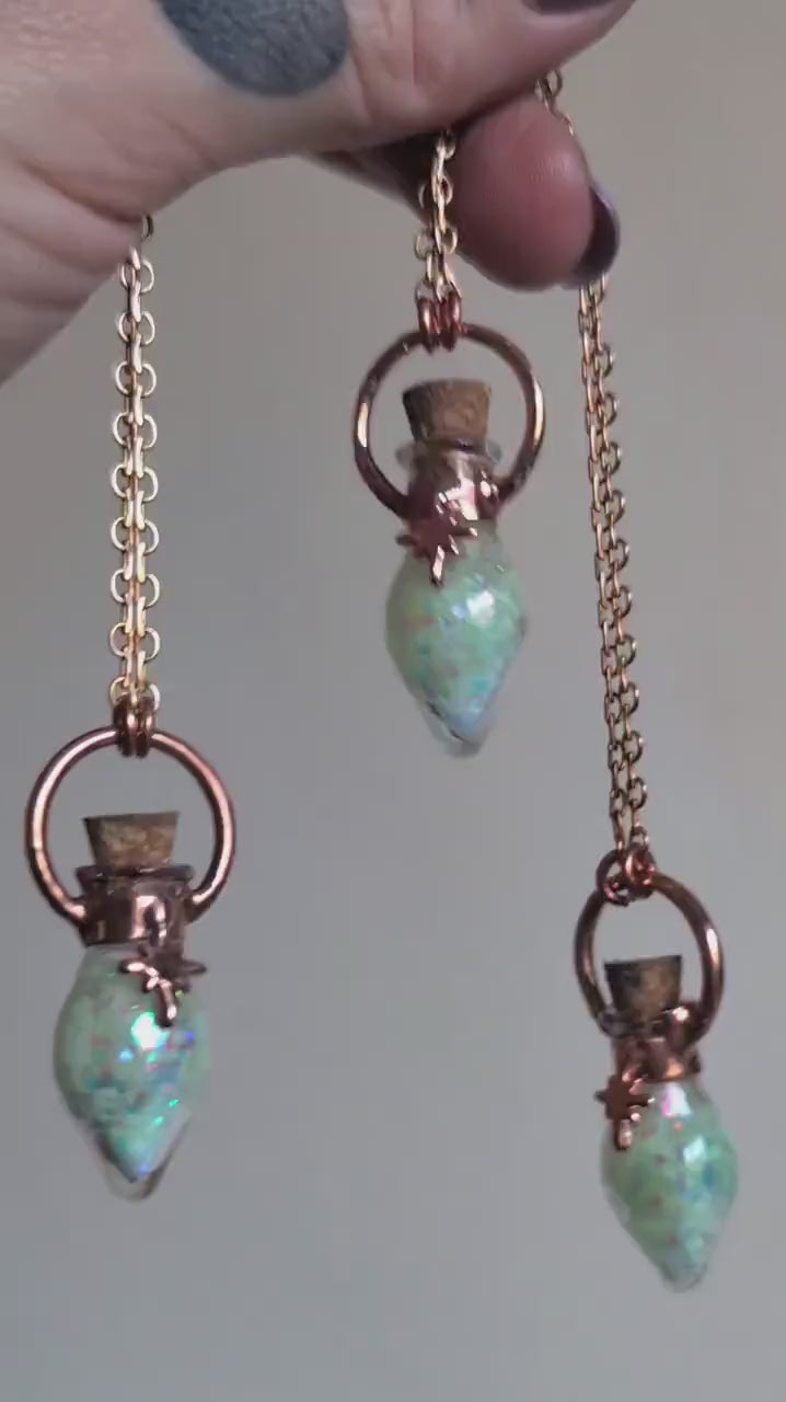 Magic potion vial, glow in the dark necklace. Copper witchy pendant