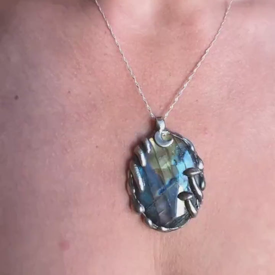 Whimsical silver pendant with rainbow labradorite, enchanted woodland mushroom necklace
