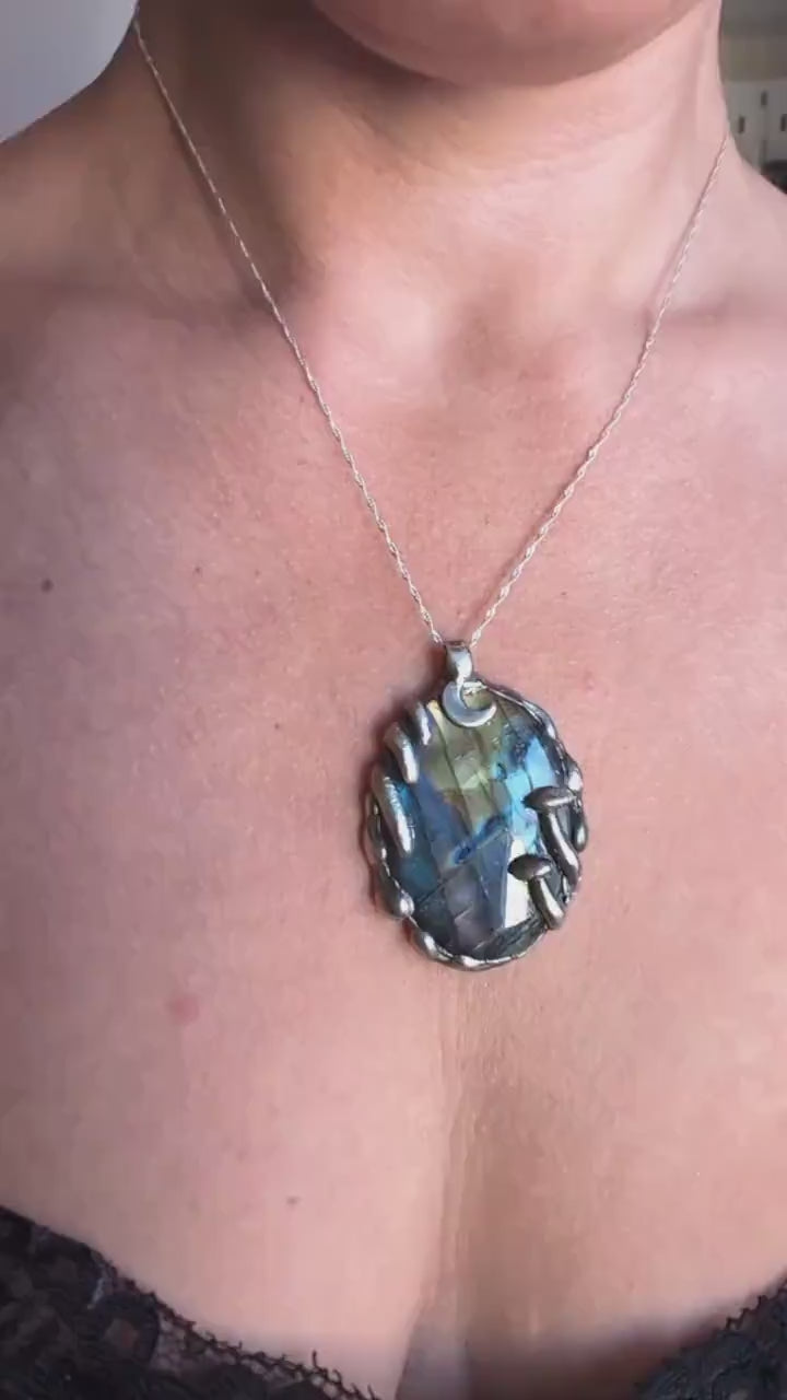 Whimsical silver pendant with rainbow labradorite, enchanted woodland mushroom necklace