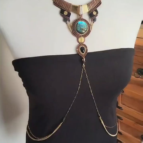 Detachable body chain collar necklace with labradorite and black onyx. Boho, tribal, body jewellery