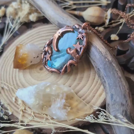 Celestial labradorite pendant. Star, moon and clouds necklace. Whimsical jewellery