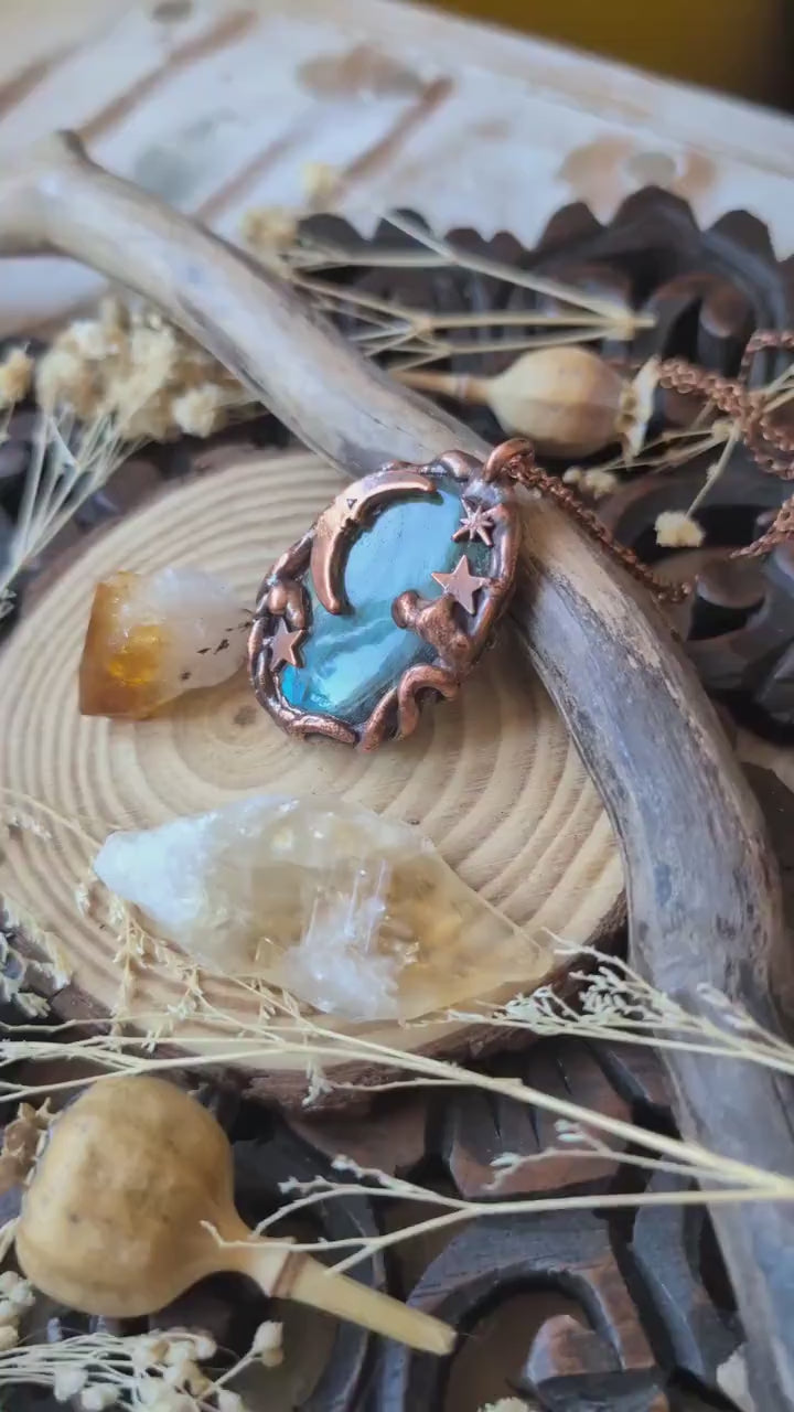 Celestial labradorite pendant. Star, moon and clouds necklace. Whimsical jewellery