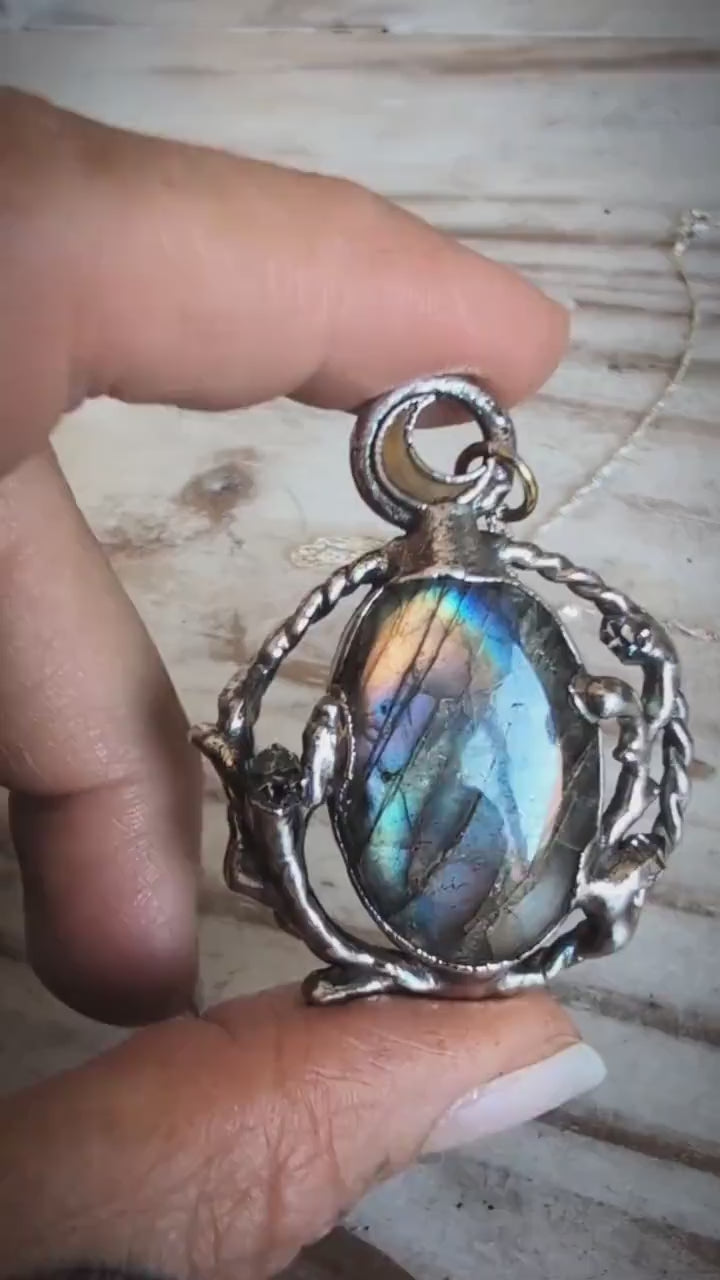 Enchanded forest pendant with rainbow labradorite and herkimer diamonds