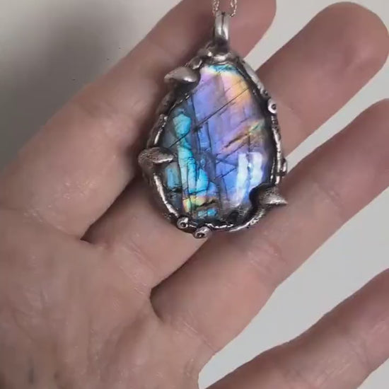 Silver mushroom pendant with stunning rainbow labradorite, enchanted woodland necklace
