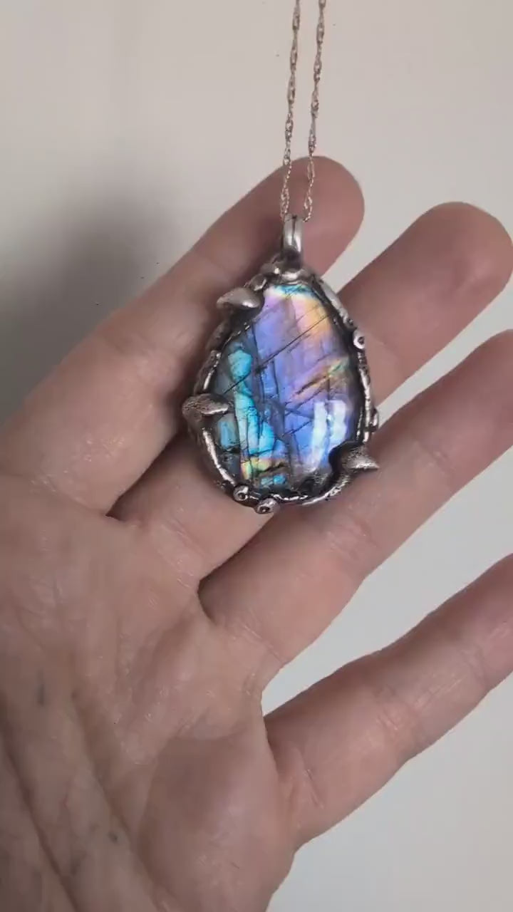 Silver mushroom pendant with stunning rainbow labradorite, enchanted woodland necklace
