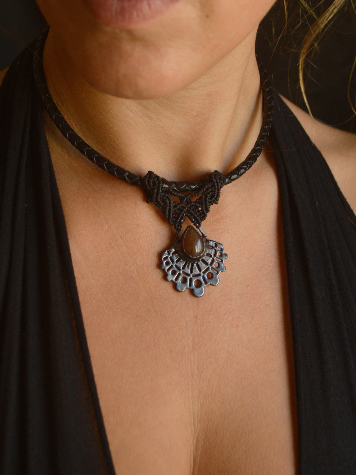 Total black sunstone iolite electroformed pendant on weaved leather torque necklace