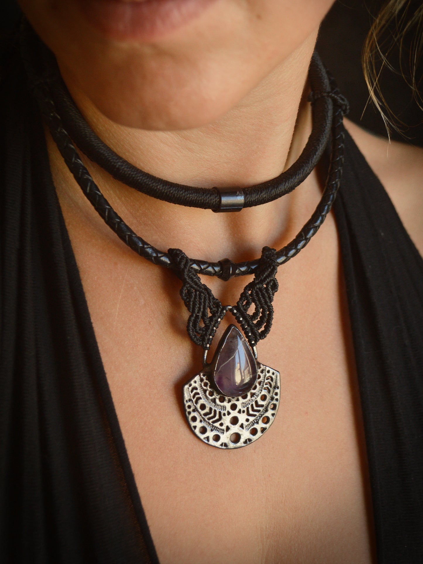 Total black amethyst electroformed pendant on macrame and leather torque necklace