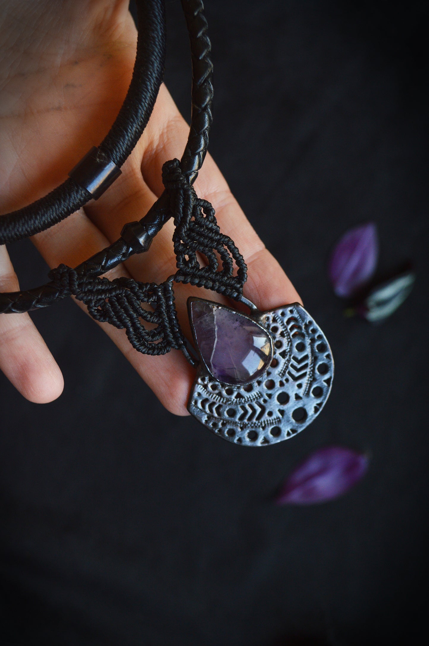 Total black amethyst electroformed pendant on macrame and leather torque necklace