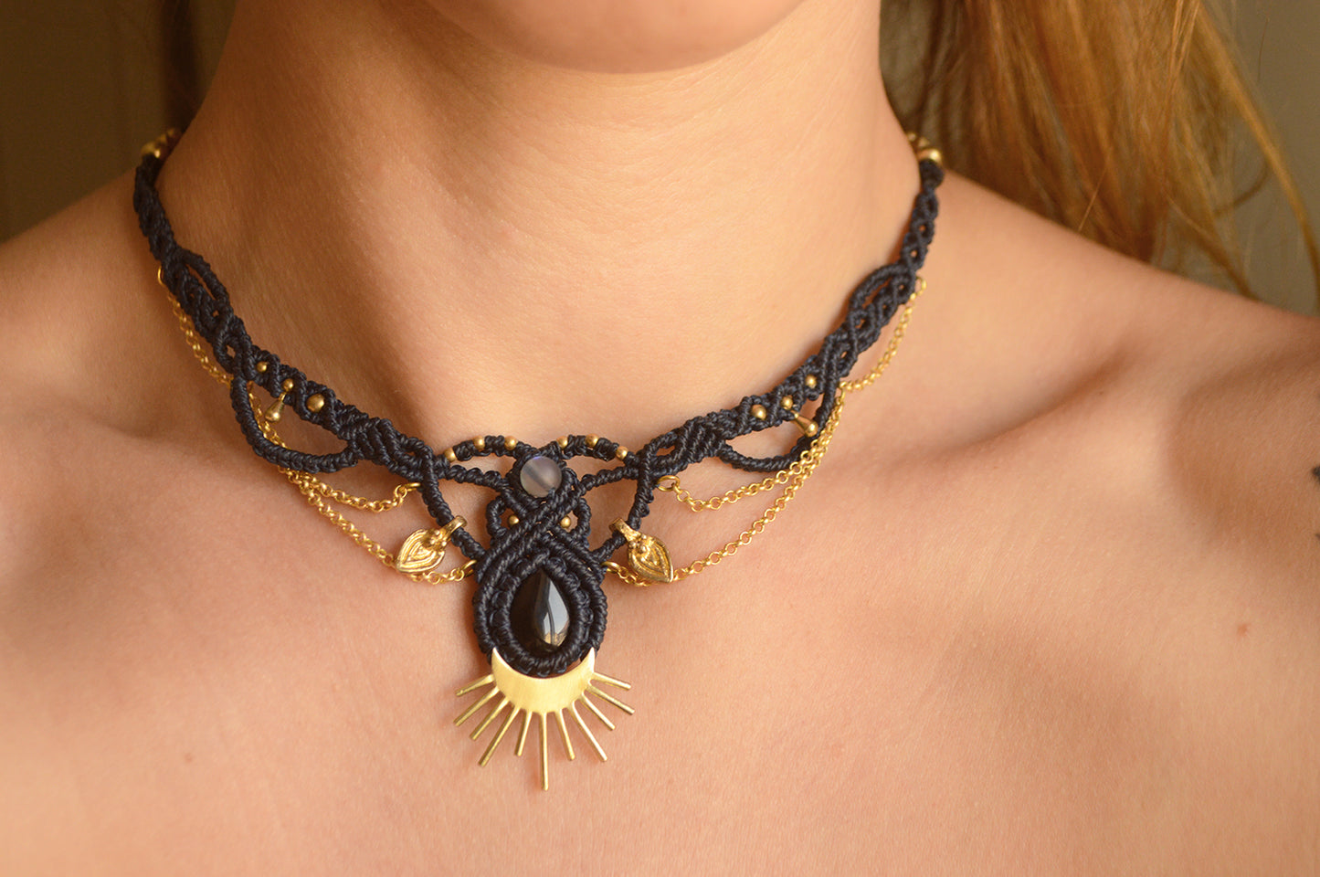 Macrame sun and moon black onyx necklace or tiara