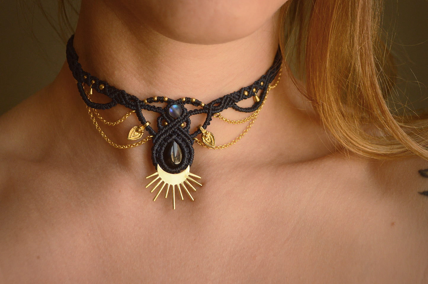 Macrame sun and moon black onyx necklace or tiara