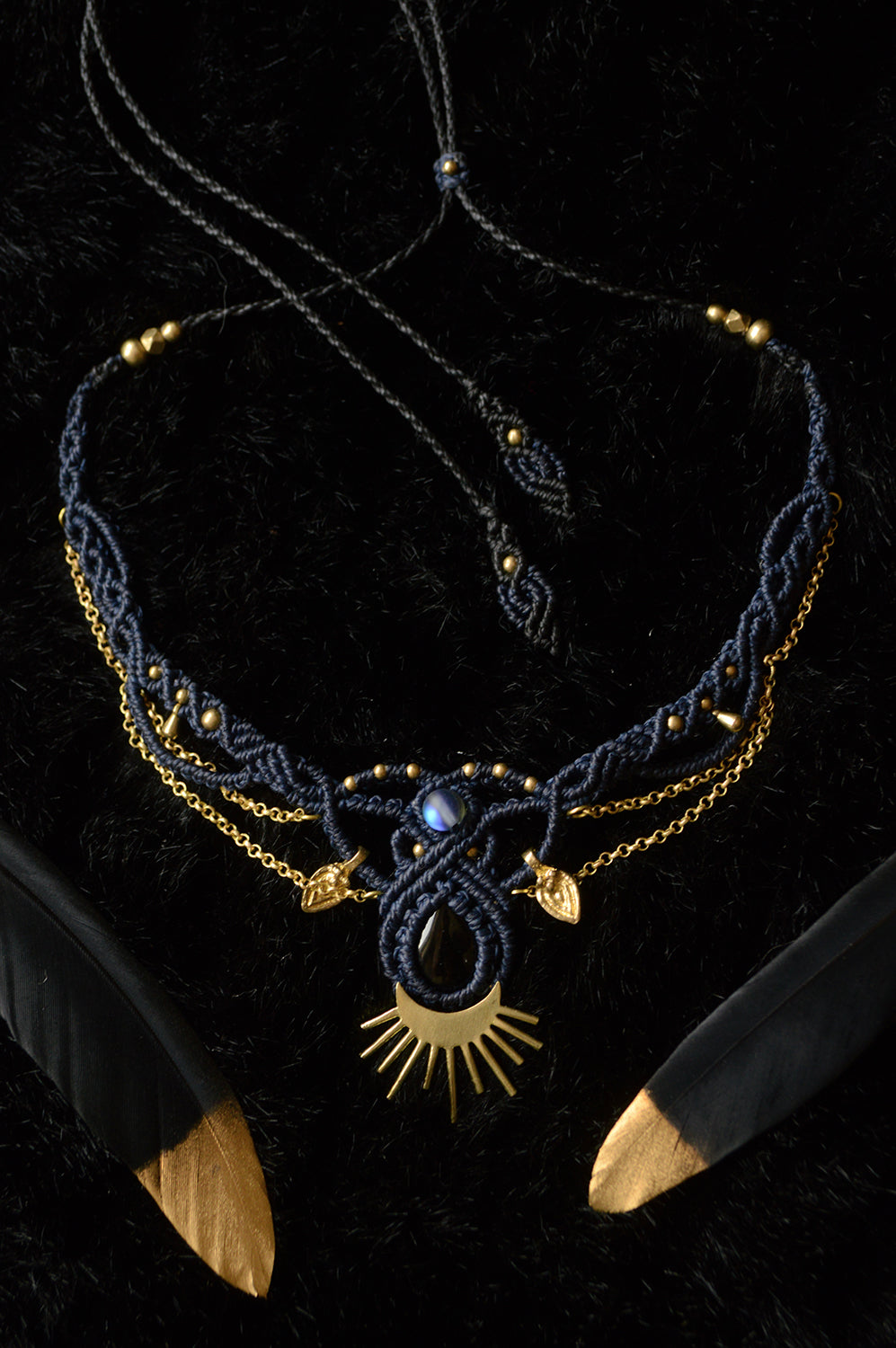 Macrame sun and moon black onyx necklace or tiara