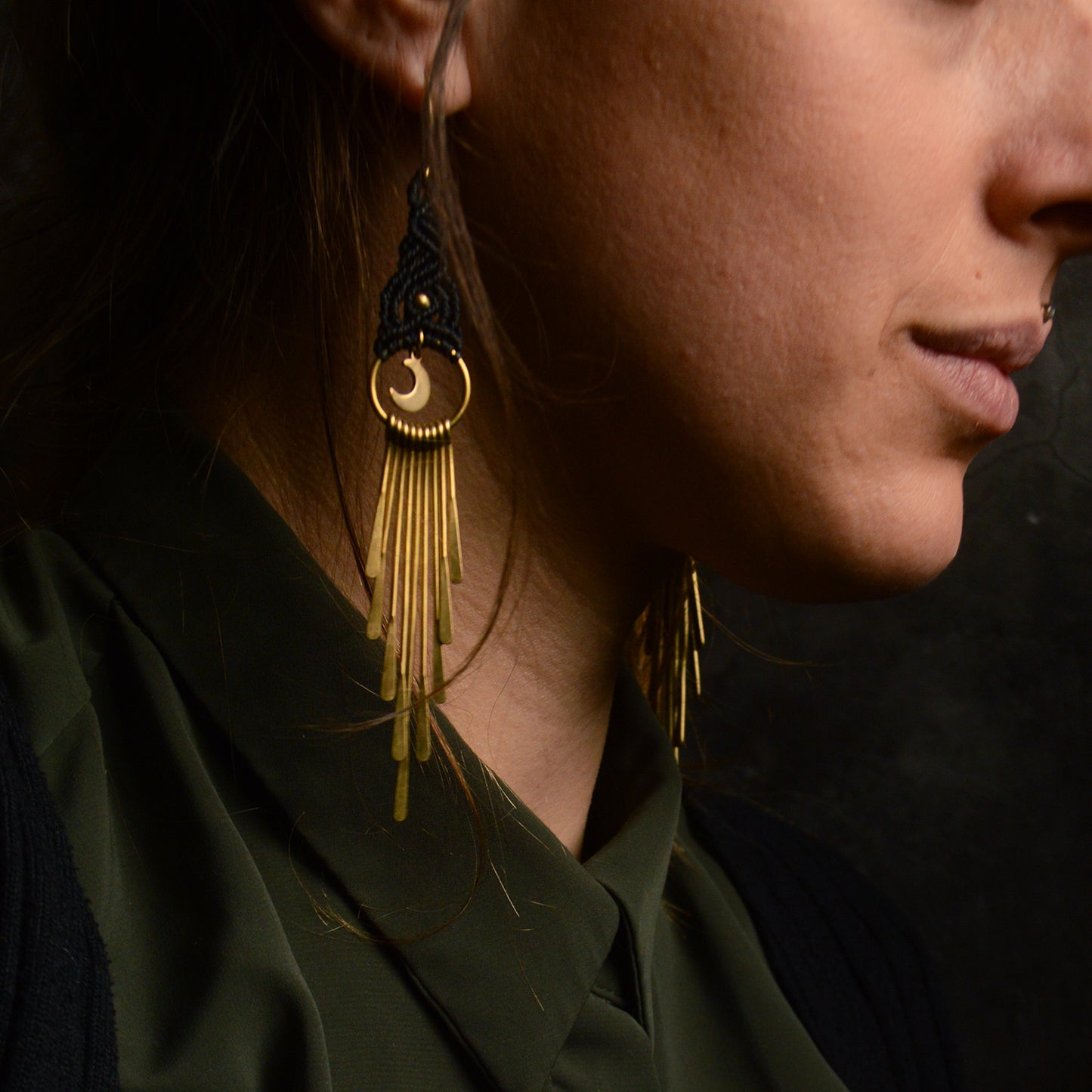 Fringe dangling earrings with moon charm