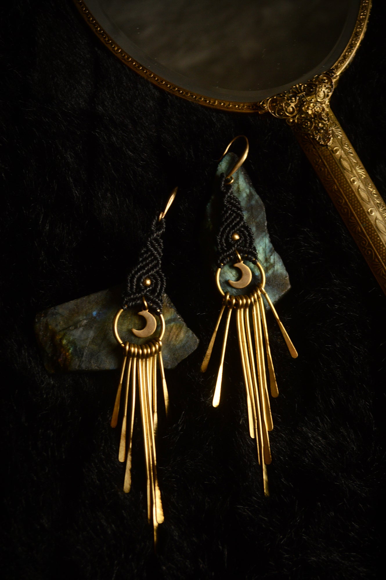 Fringe dangling earrings with moon charm