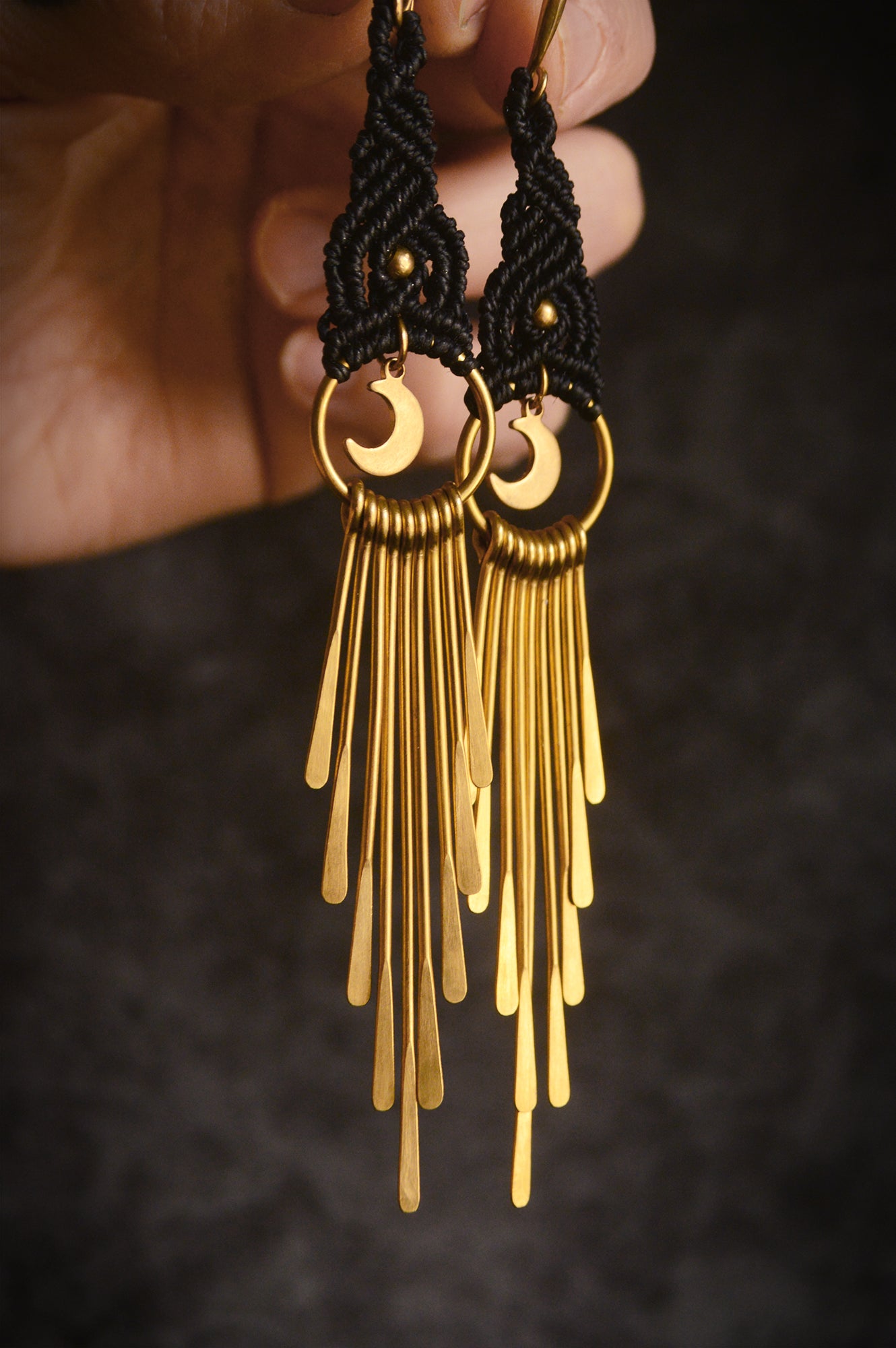 Fringe dangling earrings with moon charm