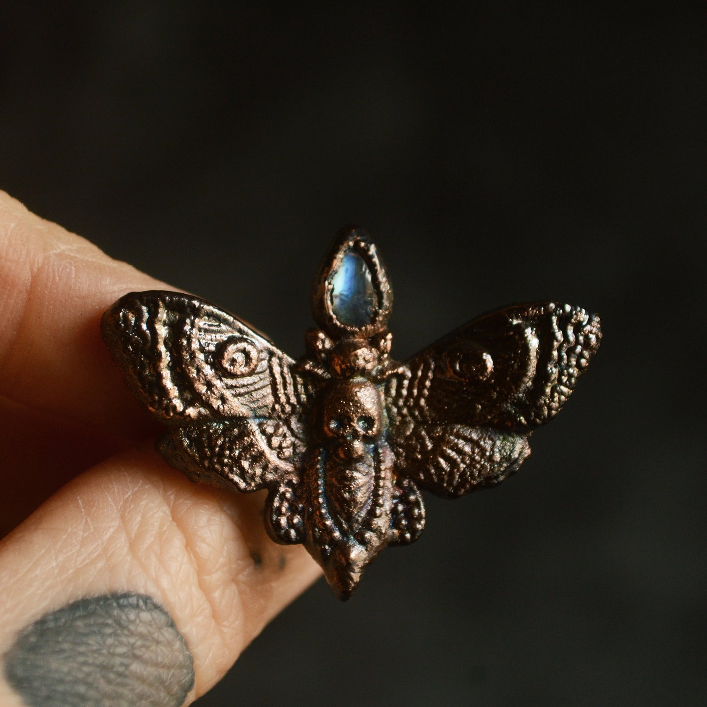 Large moth ring. Rainbow moonstone copper ring