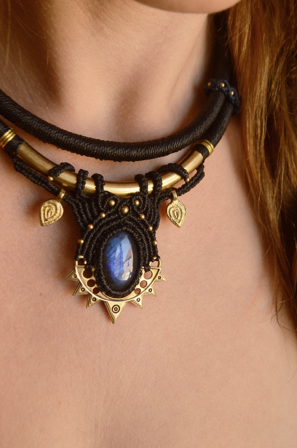 Labradorite and brass torque tribal necklace. Psytrance festival, witchy, hippie, boho jewellery