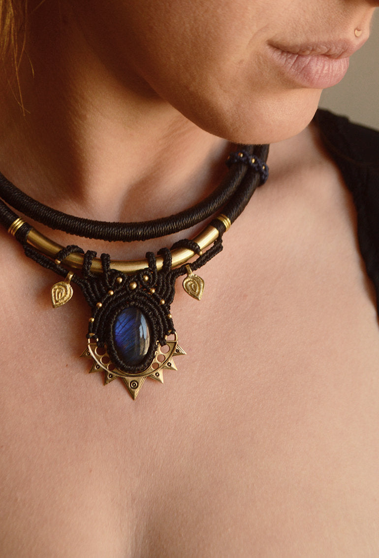 Labradorite and brass torque tribal necklace. Psytrance festival, witchy, hippie, boho jewellery